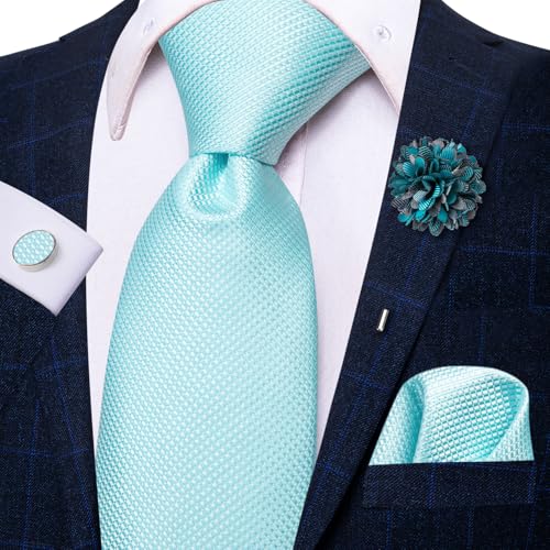 Hi-Tie Mens Solid Tie Set Silk Sky Blue Woven Necktie with Lapel Pin Pocket Square Cufflinks Set for Wedding Party - Image 2