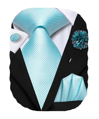 Hi-Tie Mens Solid Tie Set Silk Sky Blue Woven Necktie with Lapel Pin Pocket Square Cufflinks Set for Wedding Party - Image 1