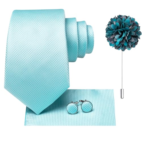 Hi-Tie Mens Solid Tie Set Silk Sky Blue Woven Necktie with Lapel Pin Pocket Square Cufflinks Set for Wedding Party - Image 4