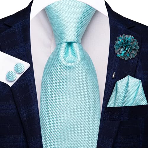 Hi-Tie Mens Solid Tie Set Silk Sky Blue Woven Necktie with Lapel Pin Pocket Square Cufflinks Set for Wedding Party - Image 3