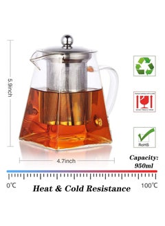 GGEROU 950 ml Square Glass Tea Pot, Borosilicate Glass Teapot, Loose Leaf Tea Kettle, Borosilicate Glass Heat Resistant Clear Leaf Teapot with Infuser Strainer for Microwavable and Stovetop Safe  - Image 2
