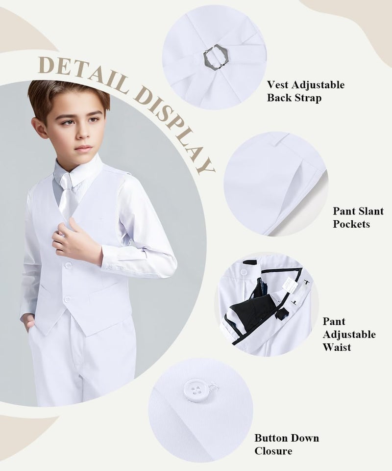 Visaccy White Suit for Boys All White Tuxedo Outfit Dress Pants Blazer Vest Size 6 - Image 2