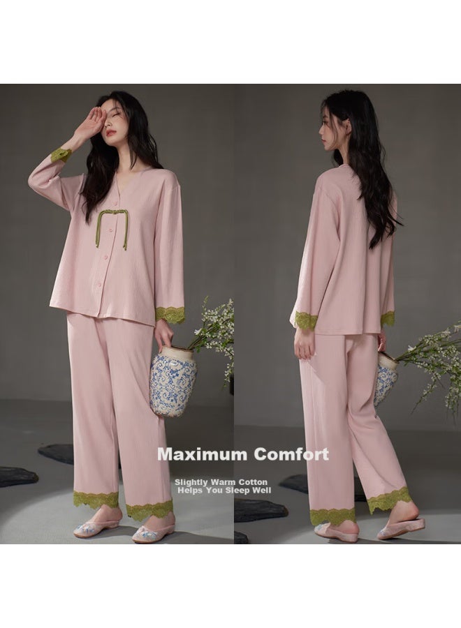 XULEN Xuanjing New Chinese-style Pajamas For Women, Spring And Autumn Pure Cotton Long-sleeve Chinese-style Loungewear, 63059 Cherry Blossom Pink, 2XL - Image 4