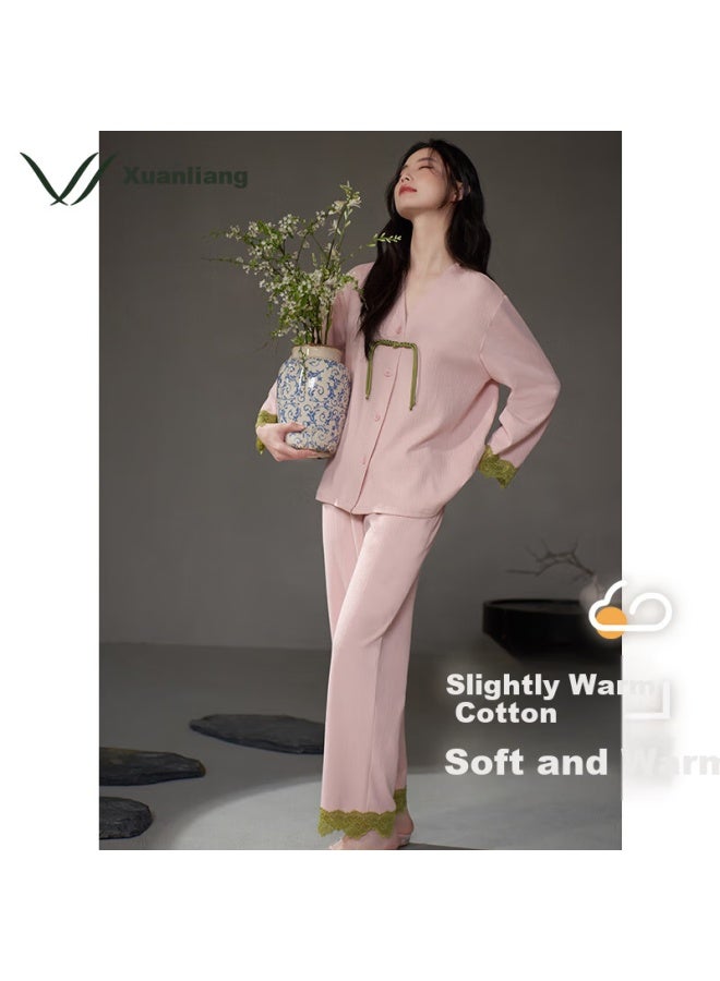 XULEN Xuanjing New Chinese-style Pajamas For Women, Spring And Autumn Pure Cotton Long-sleeve Chinese-style Loungewear, 63059 Cherry Blossom Pink, 2XL - Image 1