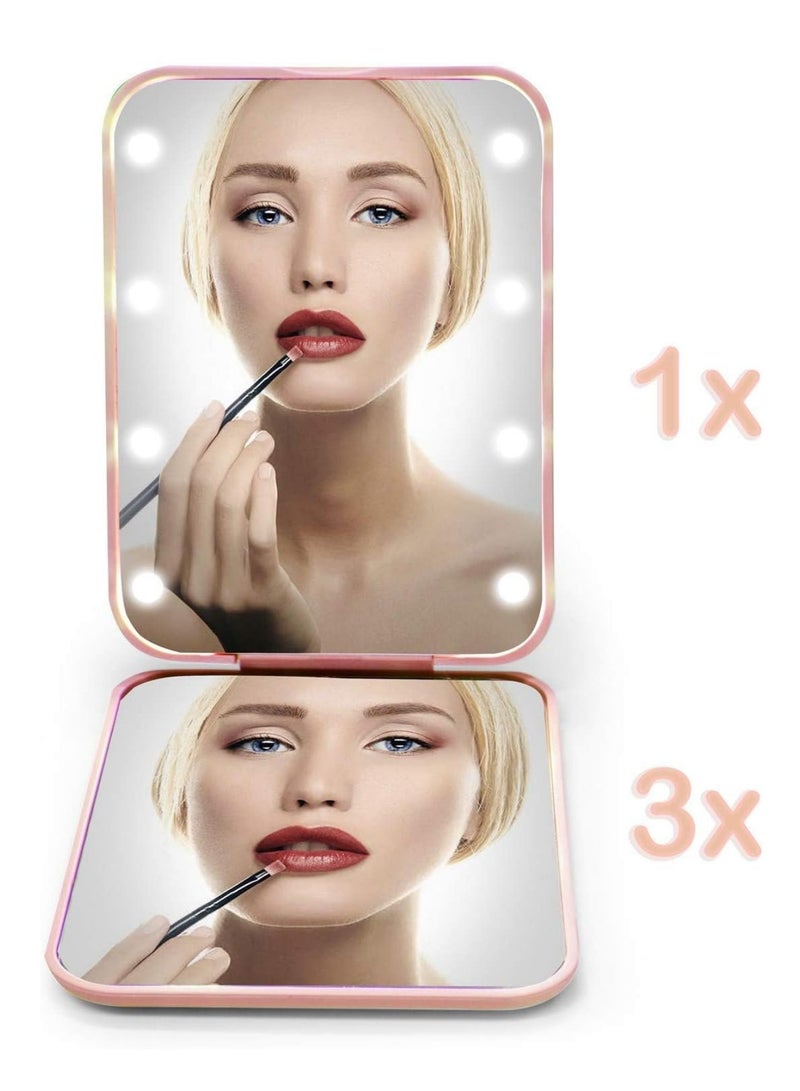 مرآة جيب، مرآة مكياج بإضاءة LED، تكبير 1X/3X، مرآة صغيرة بإضاءة، مرآة جيب، مرآة يدوية قابلة للطي، مرآة صغيرة بإضاءة كهدية، وردي - Image 3
