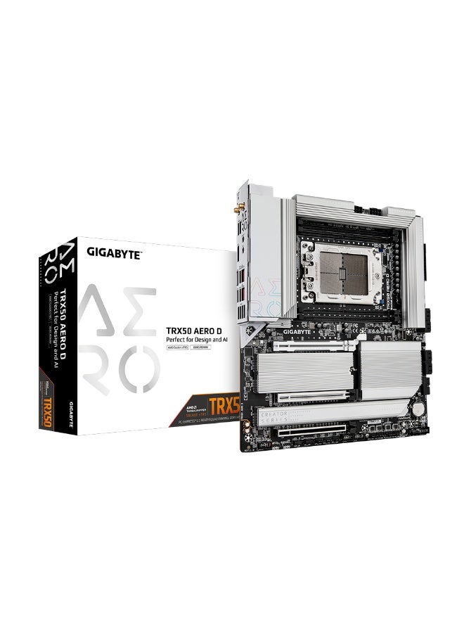 GIGABYTE TRX50 AERO D E-ATX Motherboard, AMD sTR5 Threadripper/Threadripper PRO 7000 Series, Quad-Channel DDR5 1TB, PCIe 5.0 x16, 3x PCIe Slots, 4x M.2 SSD Slots, Wi-Fi 7, 10GbE + 2.5GbE LAN, Dual USB4 Type-C, High-End VRM & Thermal Armor, Content Creation & Workstation Board | TRX50 AERO D silver - Image 1