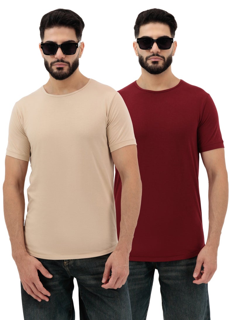 Vasl Hub VaslHub Cotton Plain T-Shirts for Men – Crew Neck Regular Fit 2-Pack (Sandstone & Rosewood) - Image 1