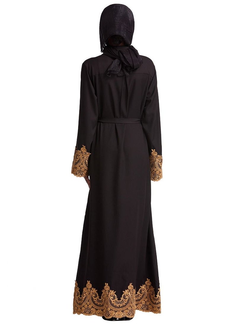 Loquat Woman's Lace Applique Shirt Collar Maxi Dress Long Sleeve Robe Black  - Image 3