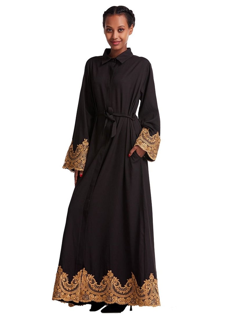 Loquat Woman's Lace Applique Shirt Collar Maxi Dress Long Sleeve Robe Black  - Image 1