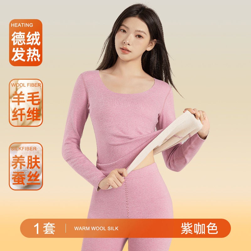 De Velvet Autumn and Winter Thermal Underwear Womens Autumn Clothes and Pants Suit Womens Fleece-lined Thickened Base Light purple [de velvet]]