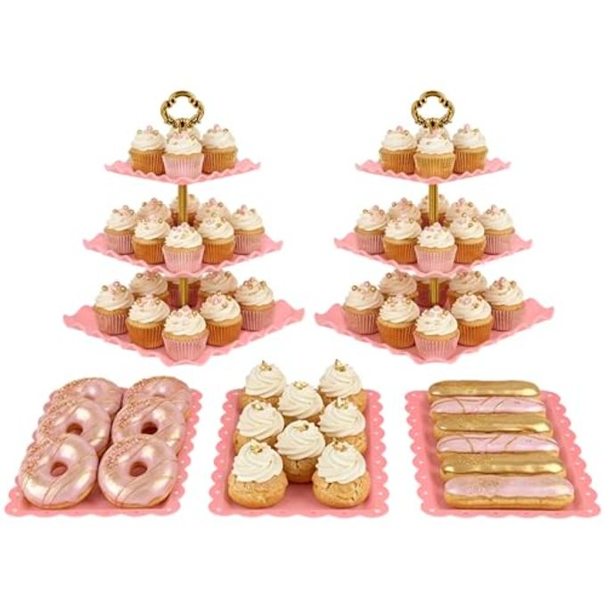 NWK 5 Piece Cake Stand Set with 2 x Large 3-Tier Cupcake Stands, 3 x Appetizer Trays, for Wedding Birthday Baby Shower Tea Party Decorations (Pink)
