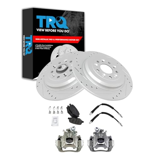 TRQ Rear Brake Pad & Rotor Kit Slotted X Drilled Performance Semi-Metallic Premium G-Coated Driver & Passenger Side Compatible with 2010-2014 Ford Flex 2013-2015 Taurus Lincoln MKT - Image 2