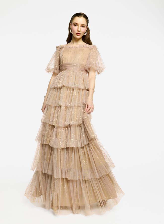 House of Moda Ruffle Detail Off Shoulder Tulle Maxi Dress - Image 1