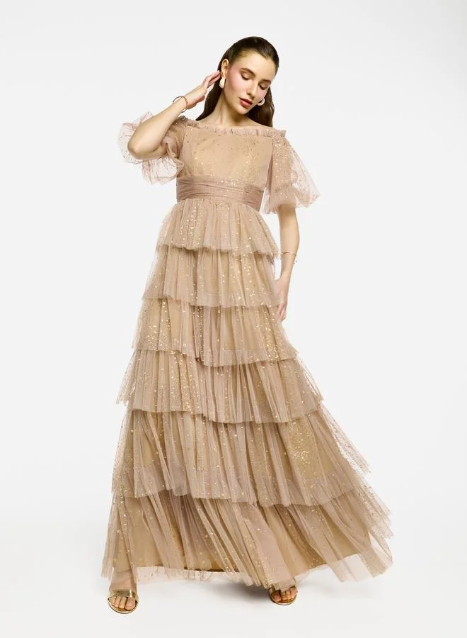 House of Moda House of Moda Ruffle Detail Off Shoulder Tulle Maxi Dress