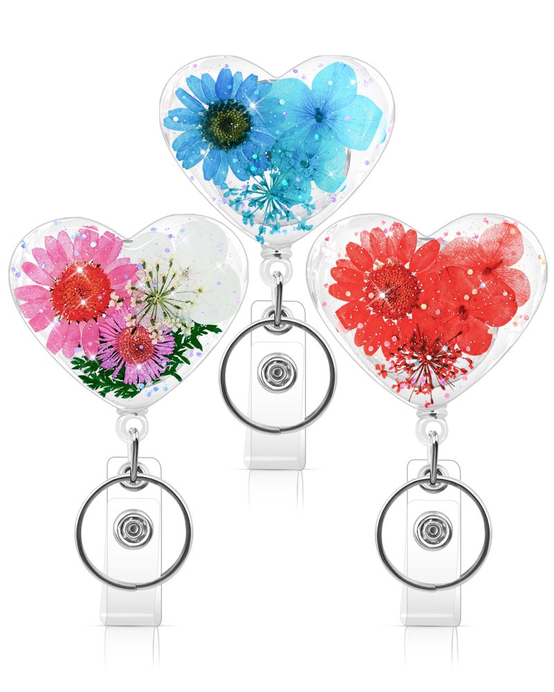 KJQJLY 3 Pcs Cute Flower Badge Reels Retractable for Nurse, Dried Floral Resin Badge Holder with Key Ring, Decorative Nursing Badge Clip for Women Doctor Teacher ID Card (Heart Style 2) - Image 1