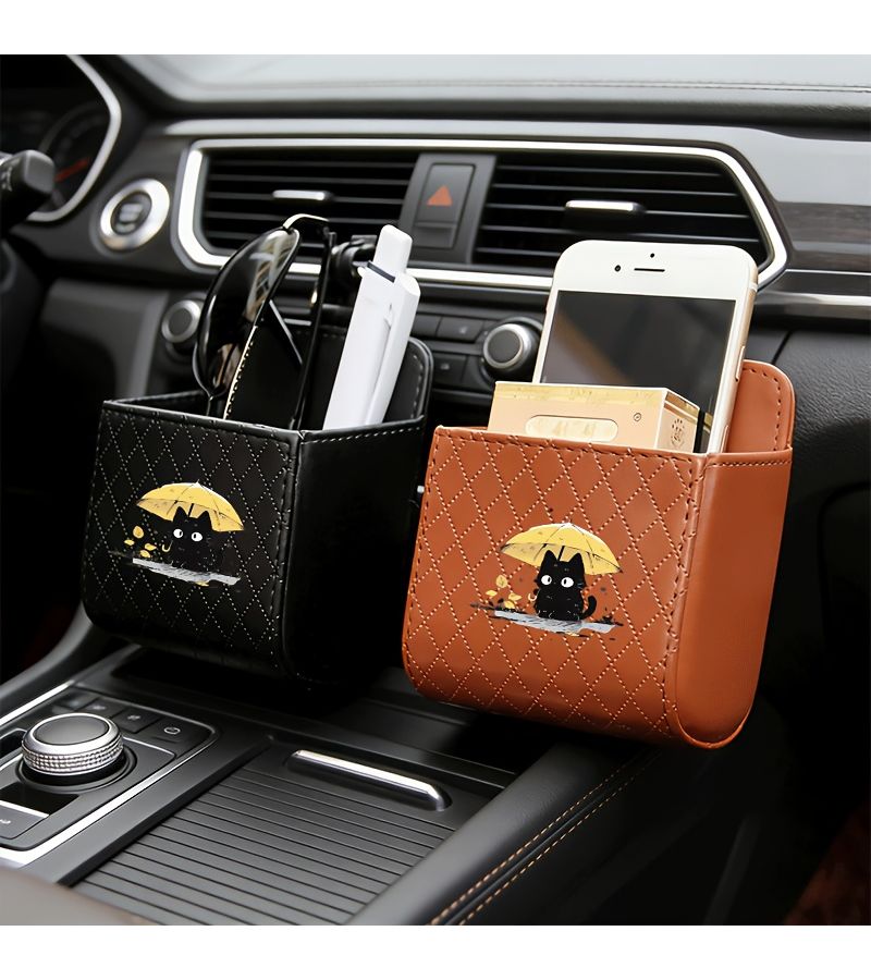 Black Cat Yellow Umbrella Car Vent Hanging Storage Bag Fit Glasses Cards Small Accessories - Image 1