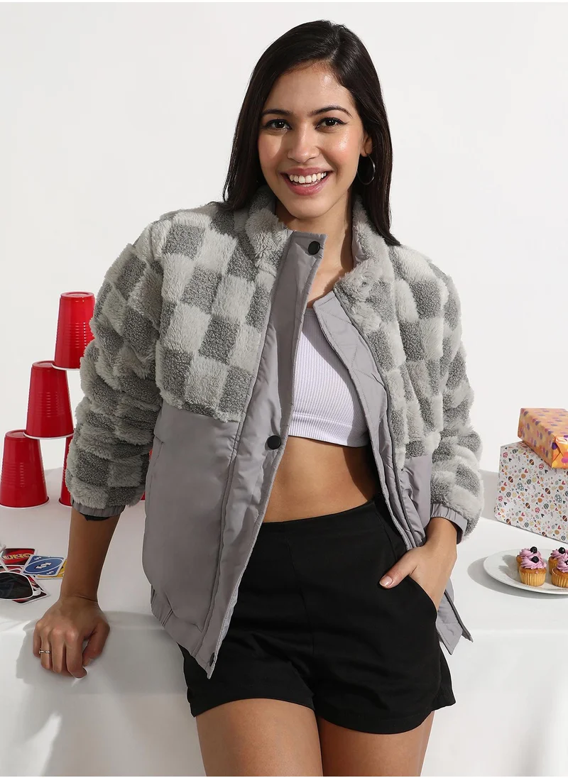 Campus Sutra Women's Moon Grey Fleece Self-Design Buffalo Check Jacket