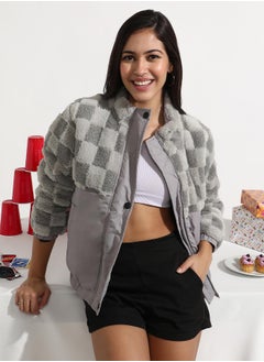 Campus Sutra Women's Moon Grey Fleece Self-Design Buffalo Check Jacket  - Image 1