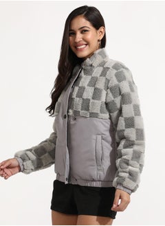 Campus Sutra Women's Moon Grey Fleece Self-Design Buffalo Check Jacket  - Image 3