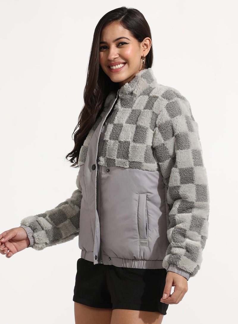 كامبوس سوترا Women's Moon Grey Fleece Self-Design Buffalo Check Jacket  - Image 3
