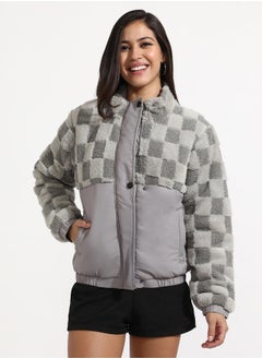Campus Sutra Women's Moon Grey Fleece Self-Design Buffalo Check Jacket  - Image 2