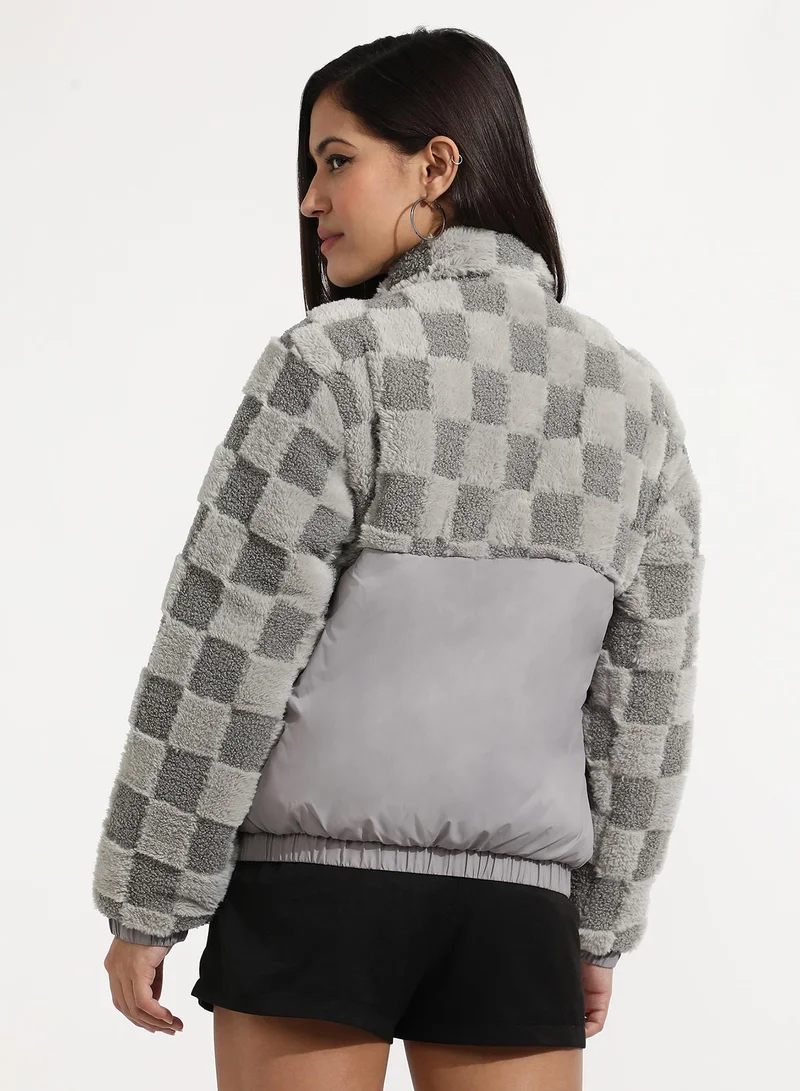 كامبوس سوترا Women's Moon Grey Fleece Self-Design Buffalo Check Jacket