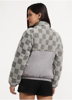 Campus Sutra Women's Moon Grey Fleece Self-Design Buffalo Check Jacket  - Image 5