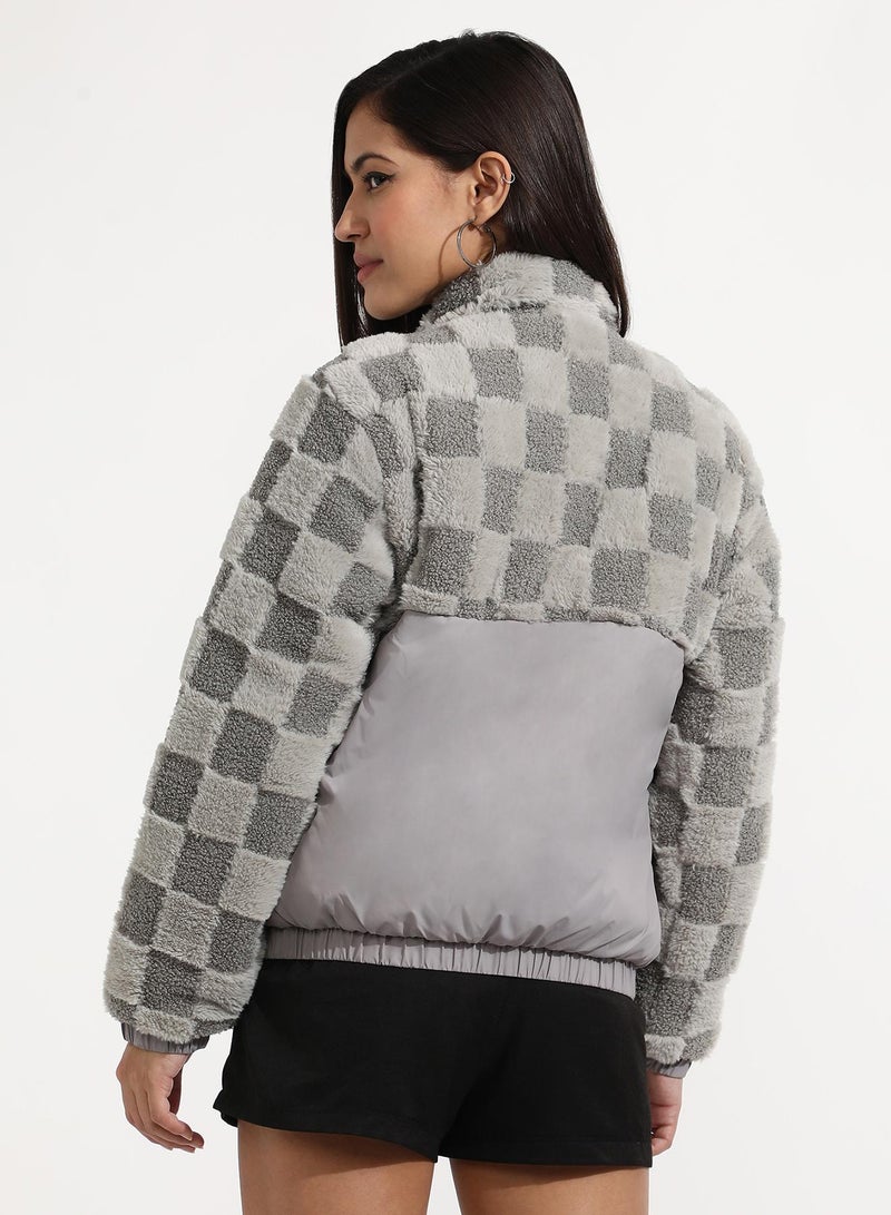 كامبوس سوترا Women's Moon Grey Fleece Self-Design Buffalo Check Jacket  - Image 5