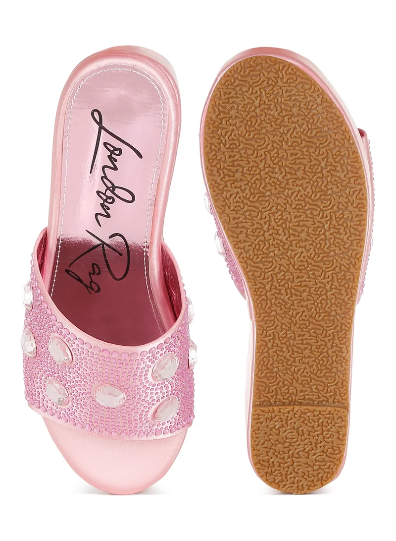 London Rag Diamante &amp; Rhinestone Flatform Sandals in Pink