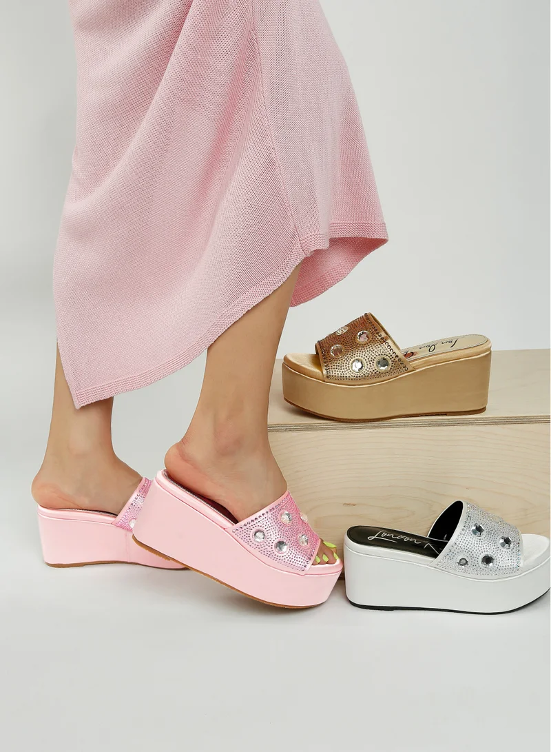 London Rag Diamante &amp; Rhinestone Flatform Sandals in Pink