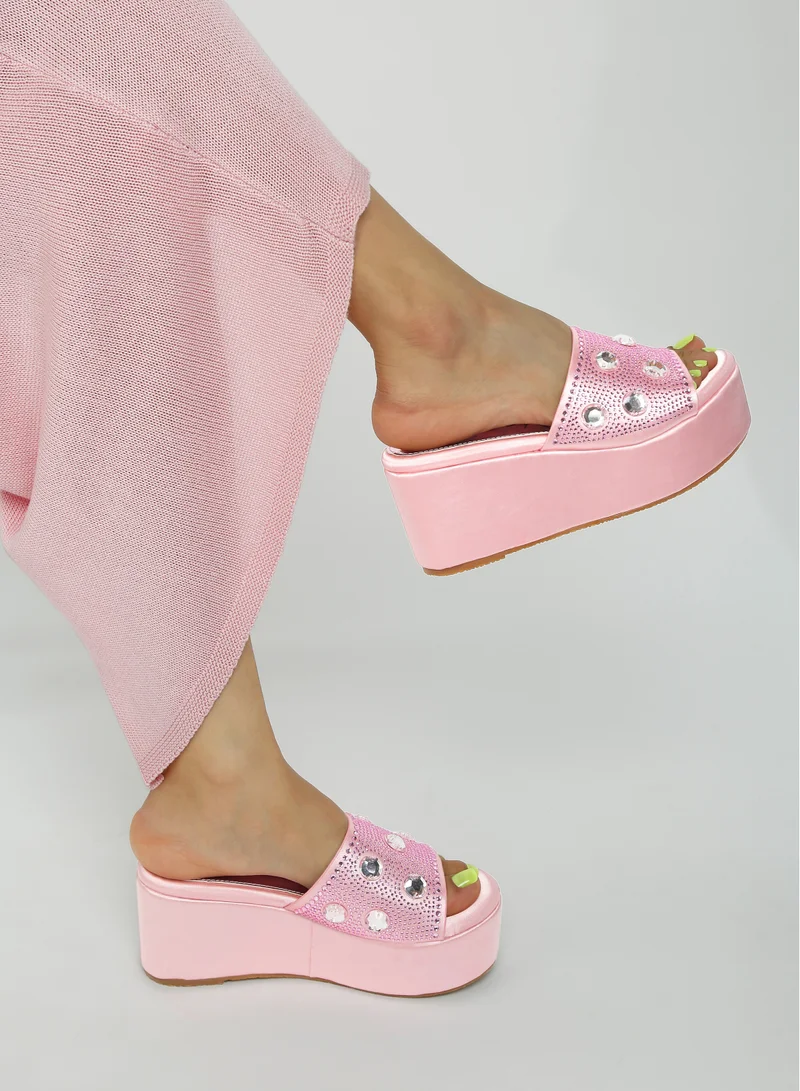 London Rag Diamante &amp; Rhinestone Flatform Sandals in Pink