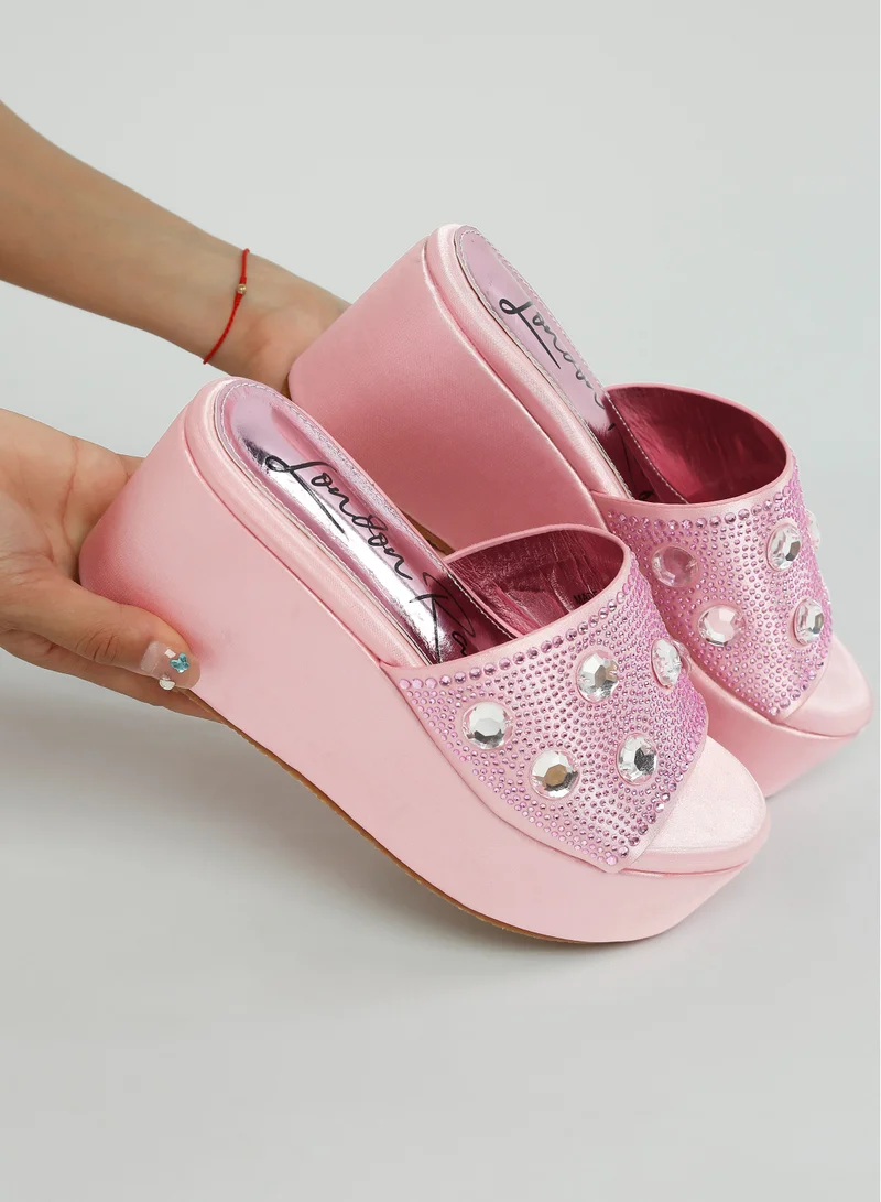London Rag Diamante &amp; Rhinestone Flatform Sandals in Pink