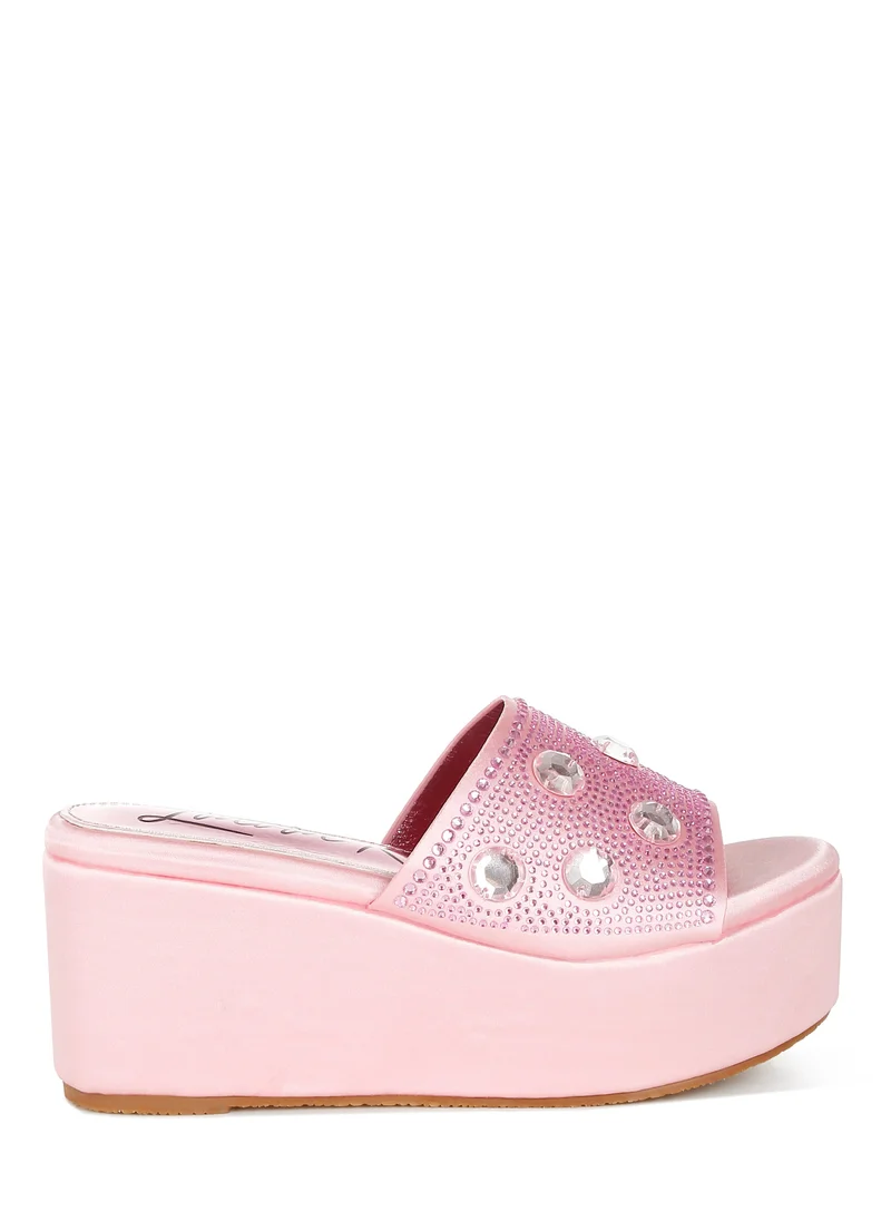 London Rag Diamante & Rhinestone Flatform Sandals in Pink