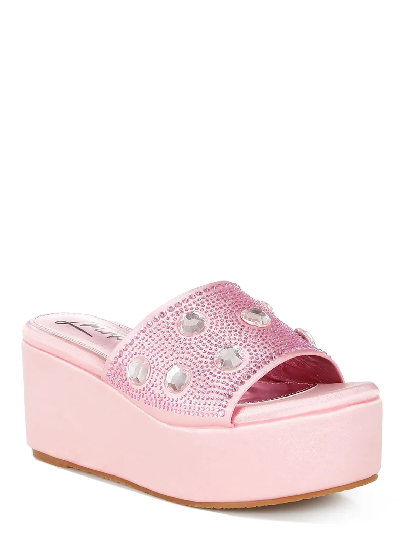 London Rag Diamante & Rhinestone Flatform Sandals in Pink