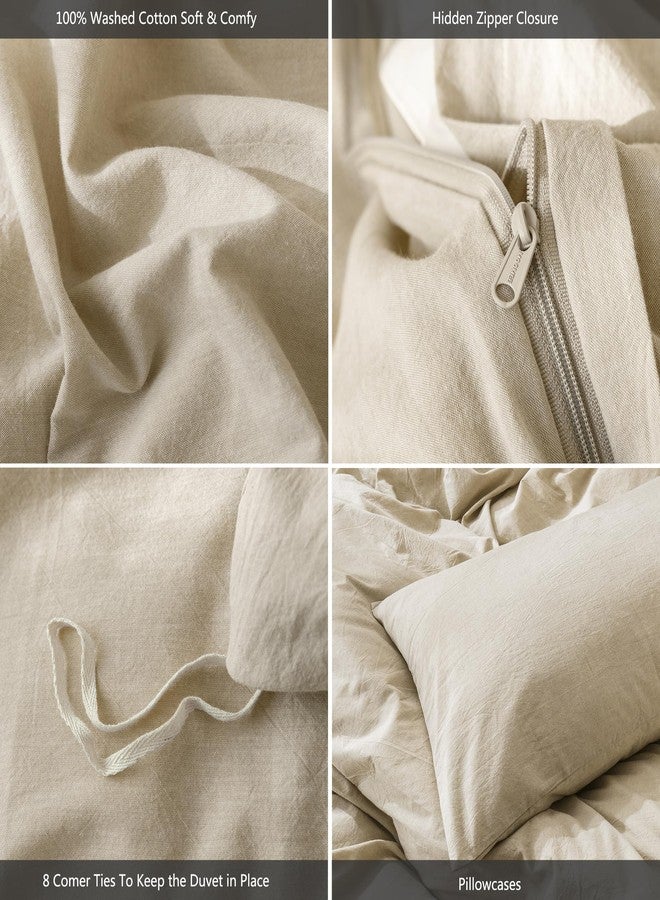 MooMee Bedding Duvet Cover Set 100% Washed Cotton Linen Like Textured Breathable Durable Soft Comfy (Heathered Almond Milk Grey, Twin 68"x90") - Image 5