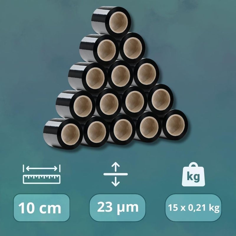 Rago ® Stretch Film Set of 15 Mini Rolls 130 m 15 x 210 g I Black Film for Furniture Stretch Film 130 m I Pallet Film Hand Wrap Film (38 x 31 x 8 cm) 130 m Length - Image 5