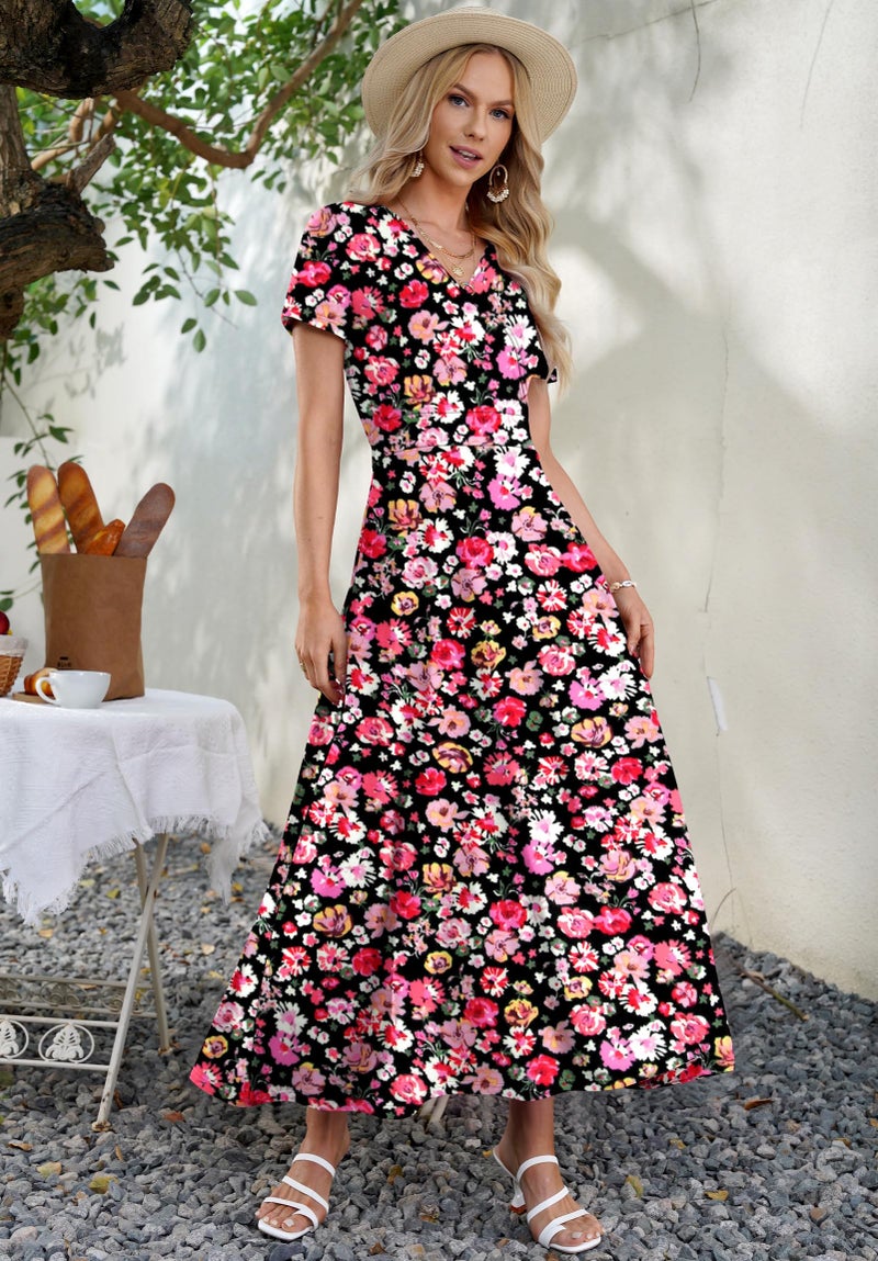 AUSELILY Maxi Dresses for Women Ankle Length Floral Print Beach Long Flowy Dress with Pockets(XL,Black Red Flower) - Image 4