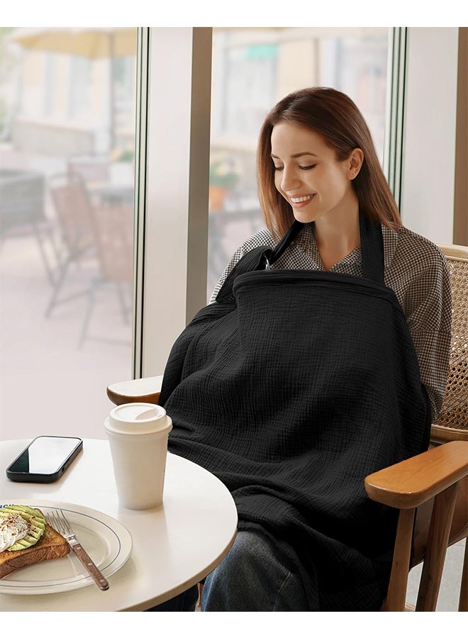 Muslin Nursing Cover for Baby Breastfeeding, Breathable 100% Cotton Breastfeeding Cover with Rigid Hoop for Mother Nursing Apron, Multi-use Carseat Canopy (Black) - Image 2