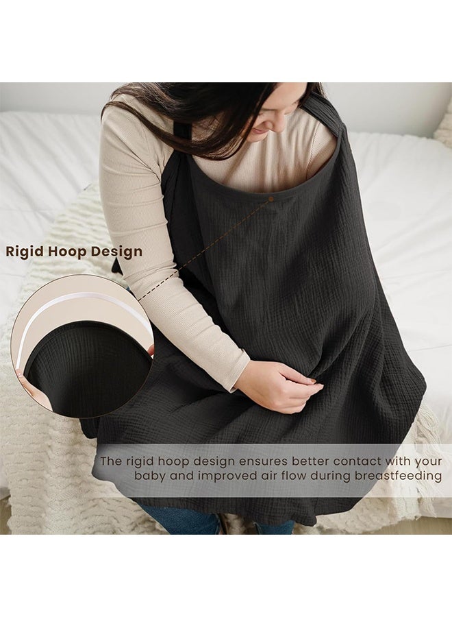 Muslin Nursing Cover for Baby Breastfeeding, Breathable 100% Cotton Breastfeeding Cover with Rigid Hoop for Mother Nursing Apron, Multi-use Carseat Canopy (Black) - Image 5