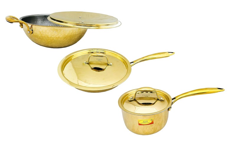 SHIV SHAKTI ARTS Shiv Shakti Arts Brass Cookware Set for Home Kitchen and Hotels (1 Kadai+1 Sauce Pan+1 Fry Pan)  - Image 4
