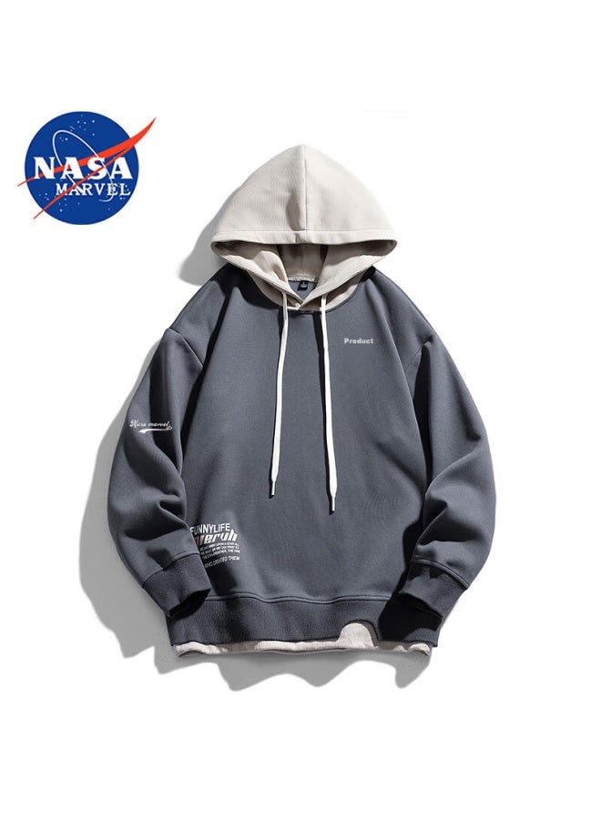 NASA MARVEL سويت شيرت نازا مارفل للرجال، تي شيرت بأكمام طويلة لفصلي الربيع والخريف، هودي مزيف بتصميم عصري فضفاض، رمادي، L - Image 1