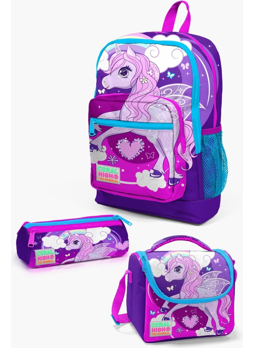CORAL HIGH Kids Purple Pink Unicorn Patterned 3-Piece School Bag Set SET0123708