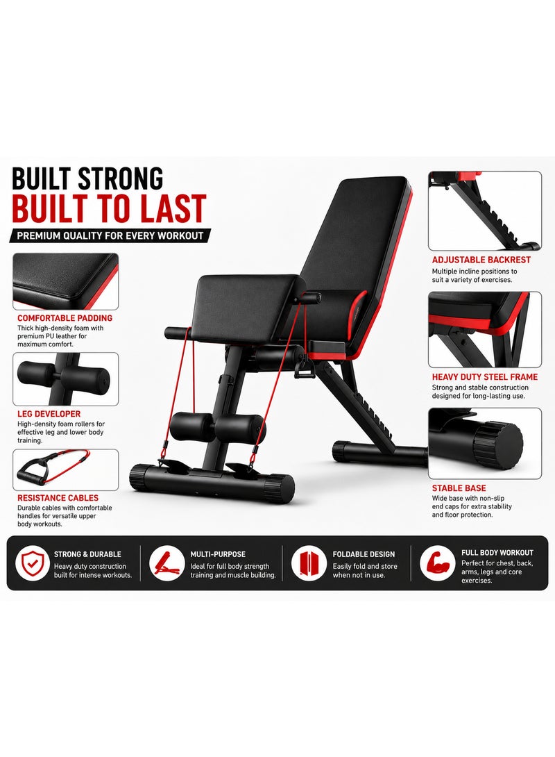 Volcan Fitness Adjustable Weight Bench HJ-10018, Multi-Purpose Workout Bench with Adjustable Backrest, Leg Developer, Resistance Cables & Foldable Design for Home Gym Strength Training - Image 5