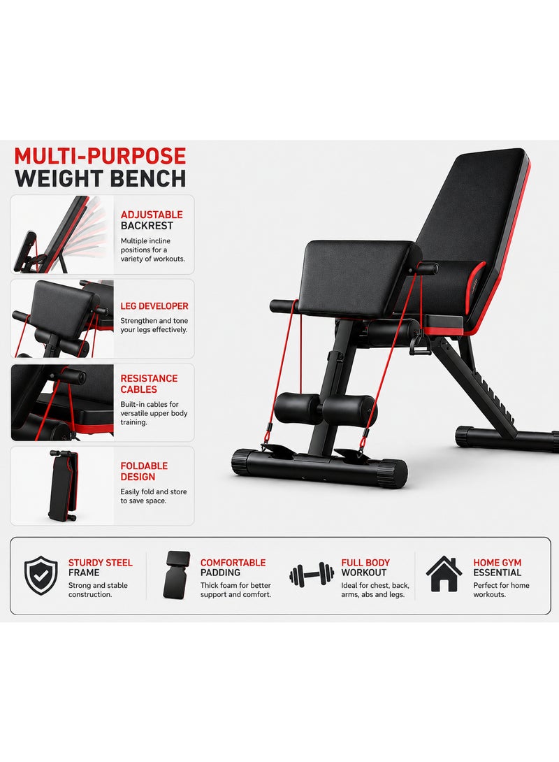 Volcan Fitness Adjustable Weight Bench HJ-10018, Multi-Purpose Workout Bench with Adjustable Backrest, Leg Developer, Resistance Cables & Foldable Design for Home Gym Strength Training - Image 2