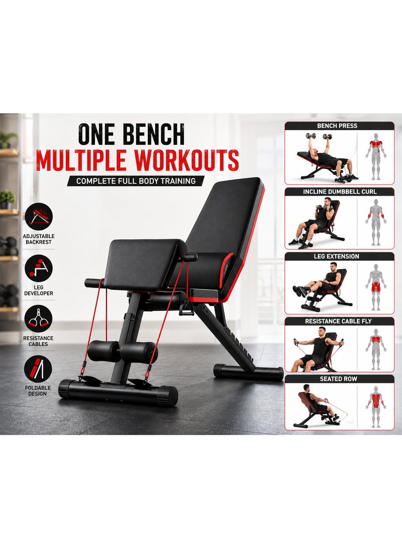 Volcan Fitness Adjustable Weight Bench HJ-10018, Multi-Purpose Workout Bench with Adjustable Backrest, Leg Developer, Resistance Cables & Foldable Design for Home Gym Strength Training - Image 3