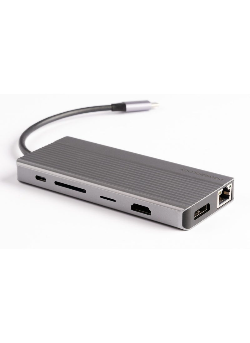 Powerology - 12in1 USB-C Hub HDMI Type-C 100W PD Ethernet VGA USB SD MicroSD 3.5AUX - Dark Gray - Image 1