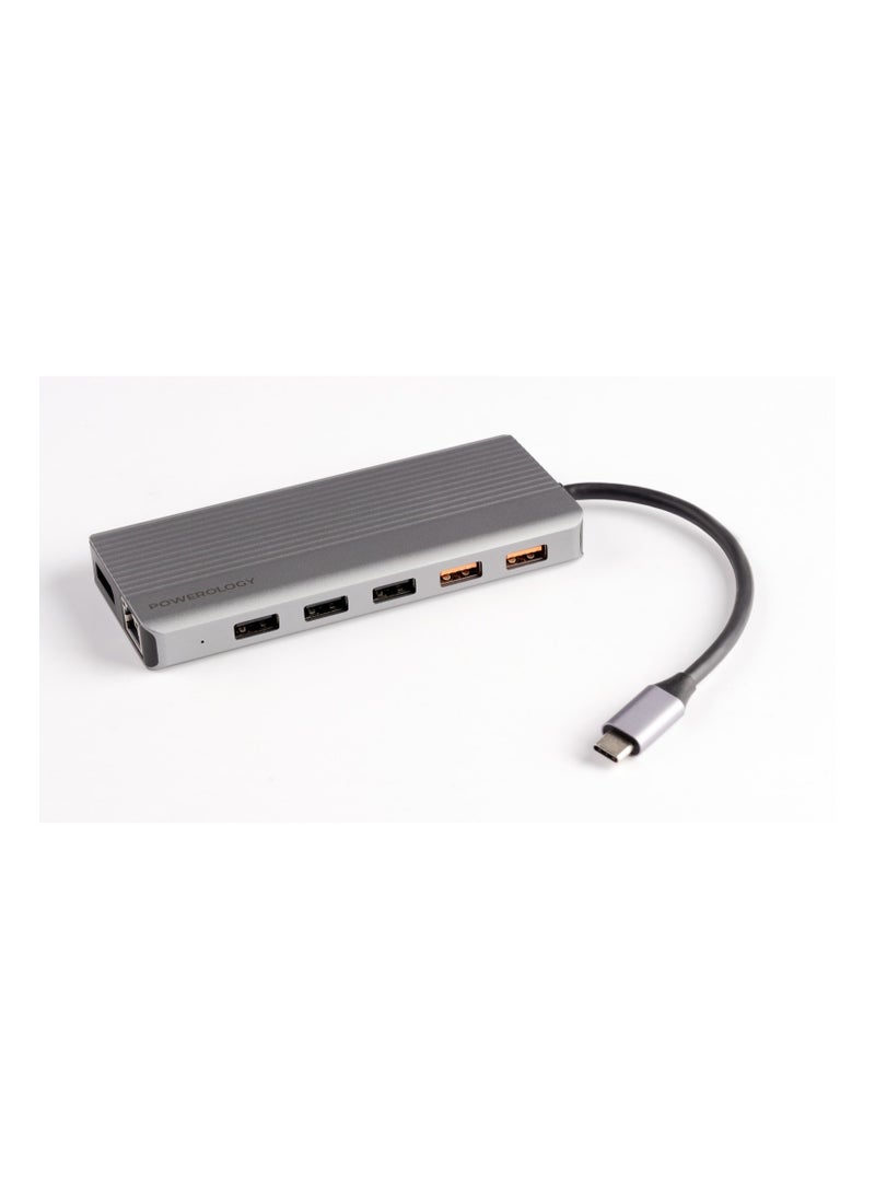 Powerology - 12in1 USB-C Hub HDMI Type-C 100W PD Ethernet VGA USB SD MicroSD 3.5AUX - Dark Gray - Image 1