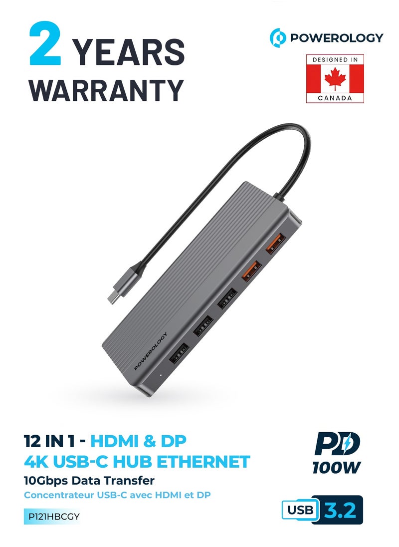 Powerology 12in1 USB-C Hub HDMI Type-C 100W PD Ethernet VGA USB SD MicroSD 3.5AUX - Dark Gray  - Image 1