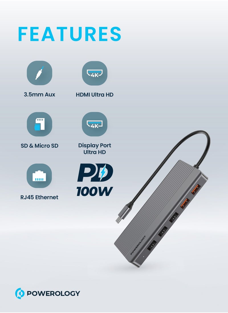 Powerology 12in1 USB-C Hub HDMI Type-C 100W PD Ethernet VGA USB SD MicroSD 3.5AUX - Dark Gray  - Image 3
