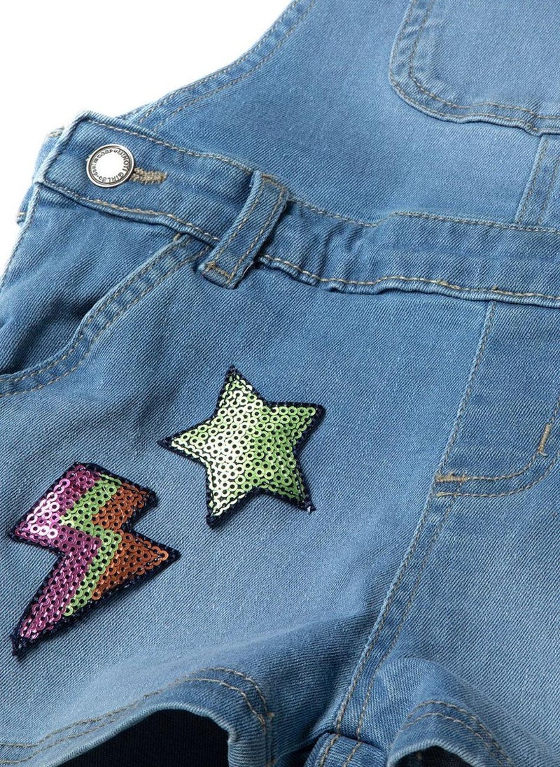 MINOTI Kids Girls Denim Dungaree Shorts with Fun Sequin Print - Image 4